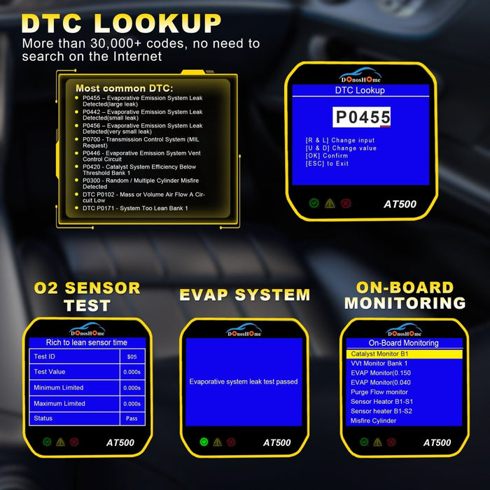 DonosHome AT500 Upgraded multifunctional OBD2 tool,3-in-1 OBD2 Scanner+Battery System Tester+Voltmeter,OBD2 Scanner Diagnostic Engine Fault Code,Battery Indicator,Voltmeter,Freeze Frame,DTC Lookup,O2 Sensor,I/M Readiness Cranking Test, Car Since 1996 - DonosHome - OBD2 scanner,Battery tester,tuning,Car Ambient Lighting