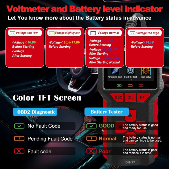 DonosHome DH77 2-in-1 OBD2 Scanner+Battery Tester 5-36V 20-3300 CCA >99.8% Accuracy 3.2" Colors Screen OBD2/EOBD Diagnostic Tool Engine Code Reader EVAP Digital Diagnosis DTC for Car Motorcycle&Truck - DonosHome - OBD2 scanner,Battery tester,tuning,Car Ambient Lighting